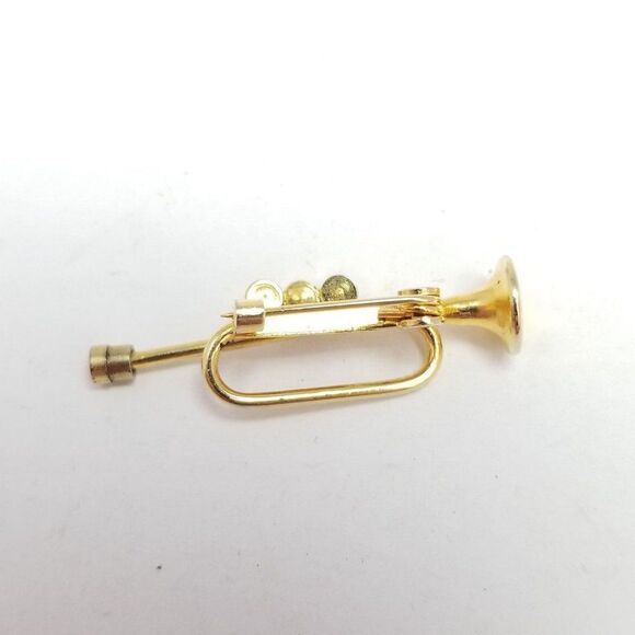 Vintage Trumpet Shape Brooch, Gold Tone Faux Pearl Lapel Pin, Instrument Music - Picture 3 of 6